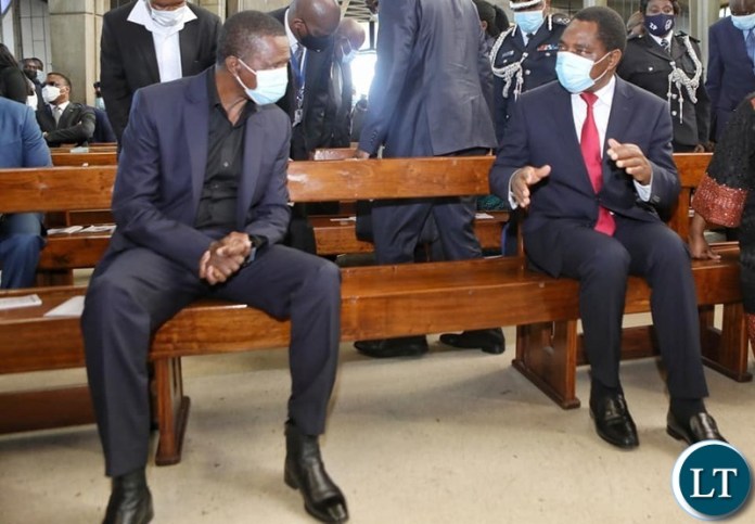 HH with Former President Edgar Lungu at the Funeral Service of the Late Sikotra Wina